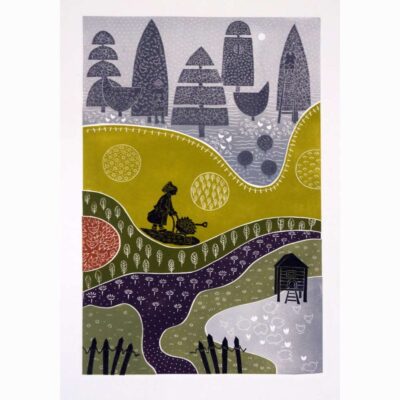 Linocut print of 'Keeping Trim' by Diana Ashdown